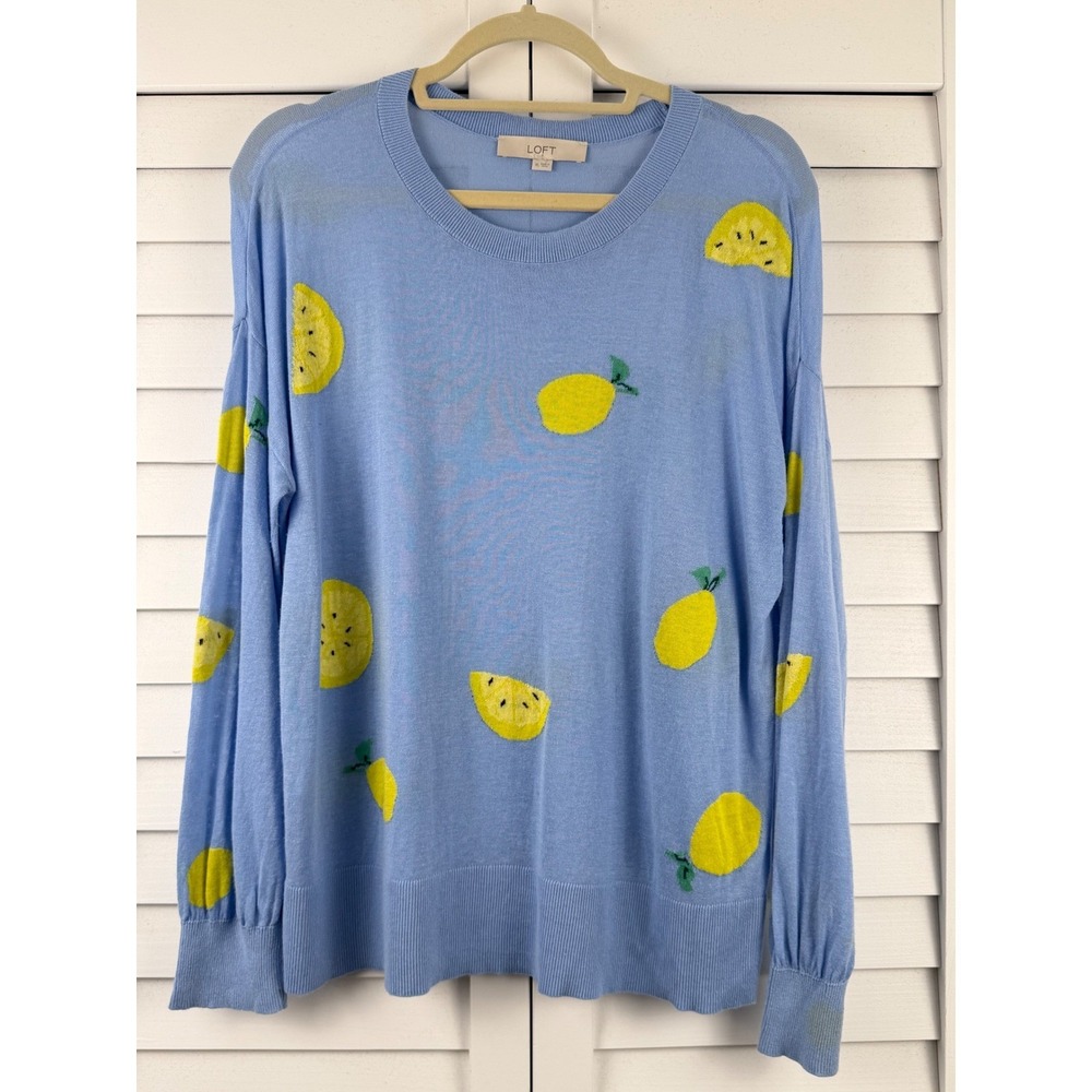 LOFT Sweater XL Blue Lemon Print Ramie Viscose Knit Long Sleeve Pullover